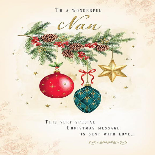Piccadilly Greetings Christmas Card to a Wonderful Nan – 3 Baubles Design - 9 x 6 inches