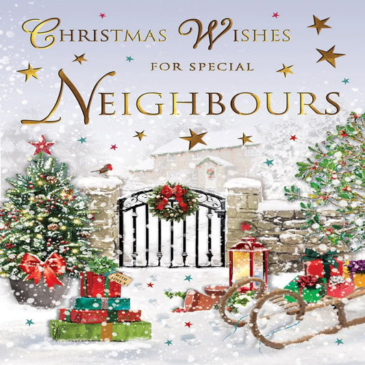 Regal Publishing Christmas Card for Special Neighbours – Festive Gate Scene - 8 x 6 inches