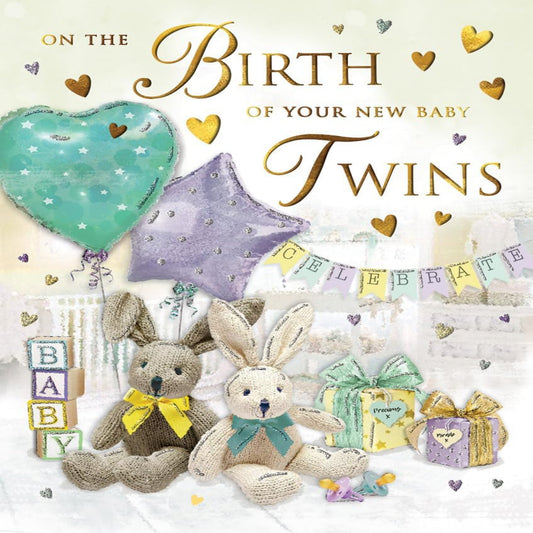 Congratulations on Twins Card | Cute Bunnies Design  -  8 x 6 inches