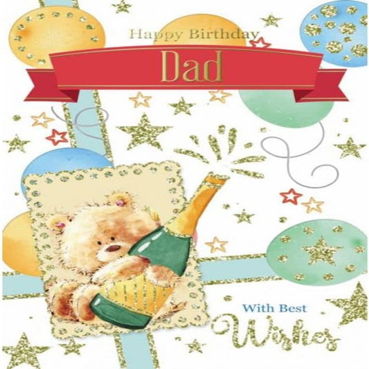 Dad Birthday Card with Champagne, Teddy & Balloons  -   19.5  x  13.7cm