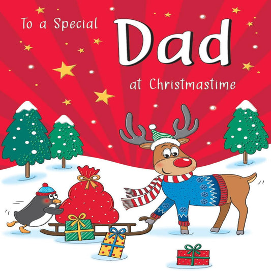 Dad Christmas Card   –   Character Reindeer Christmas Card   -    9  x  6 inches