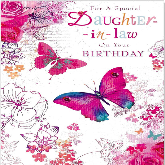 Daughter-in-Law Birthday Card with Flowers & Butterfly   -   7.5  x  5.25  inches