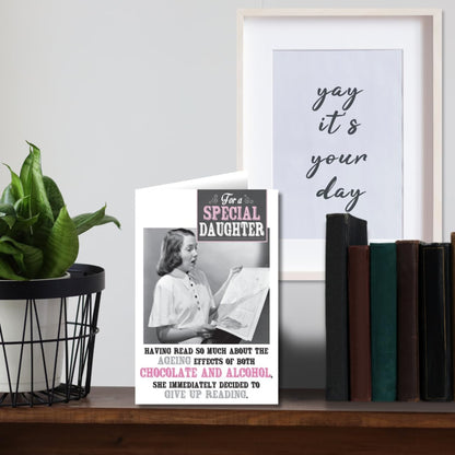 Emotional Rescue Funny Daughter Birthday Card | Humorous Ageing Joke Greeting Card   -   Black White & Pink   -   6 x  9 inches