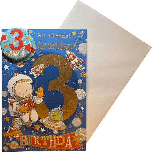 Express Yourself 3rd Birthday Card for Grandson   –   Astronaut Birthday Card with Badge & Envelope   -   22.8  x  15.3 cm