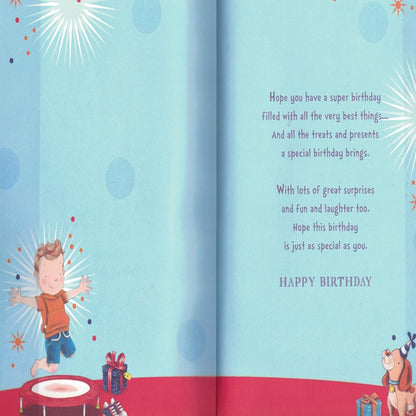 Express Yourself 5th Birthday Card for Grandson   –   Badge & Envelope Included   -   Animated Little Boy Jumping on Trampoline Design  -  22.8 x 15.3 cm