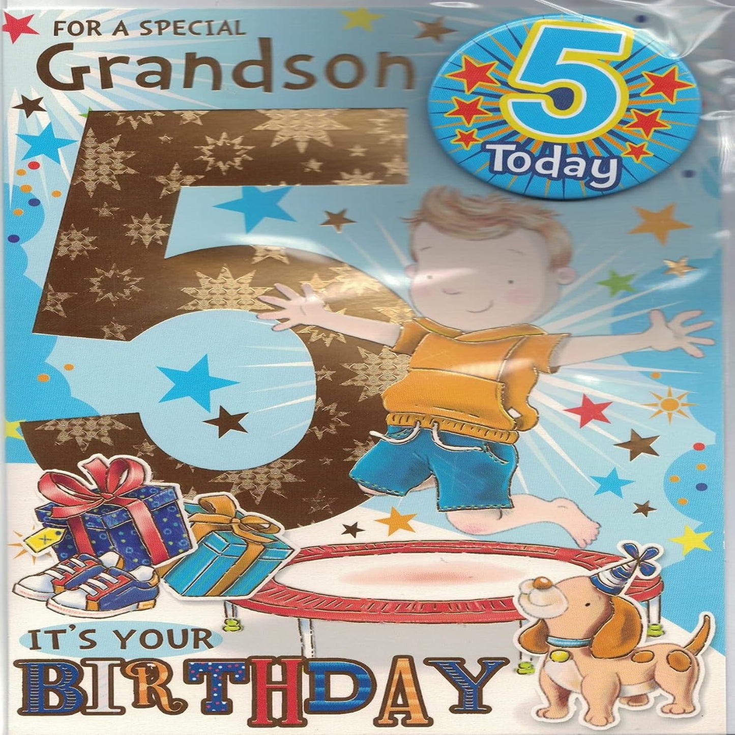 Express Yourself 5th Birthday Card for Grandson   –   Badge & Envelope Included   -   Animated Little Boy Jumping on Trampoline Design  -  22.8 x 15.3 cm