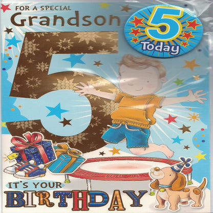 Express Yourself 5th Birthday Card for Grandson   –   Badge & Envelope Included   -   Animated Little Boy Jumping on Trampoline Design  -  22.8 x 15.3 cm