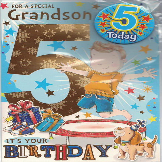 Express Yourself 5th Birthday Card for Grandson   –   Badge & Envelope Included   -   Animated Little Boy Jumping on Trampoline Design  -  22.8 x 15.3 cm