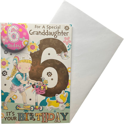 Express Yourself 6th Birthday Card for Granddaughter with Badge   -   Animated Little 6 Year Old Girl and Her Pet Dog Design    -    22.8  x   15.3 cm
