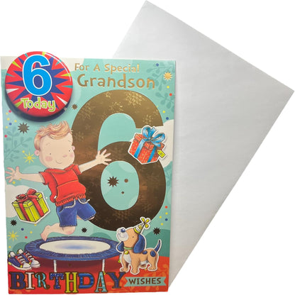 Express Yourself 6th Birthday Card for Grandson   –   Includes Badge & Envelope  -   Animated Boy on Trampoline Design for 6-Years-Old Boy     -   22.8   x  15.3 cm