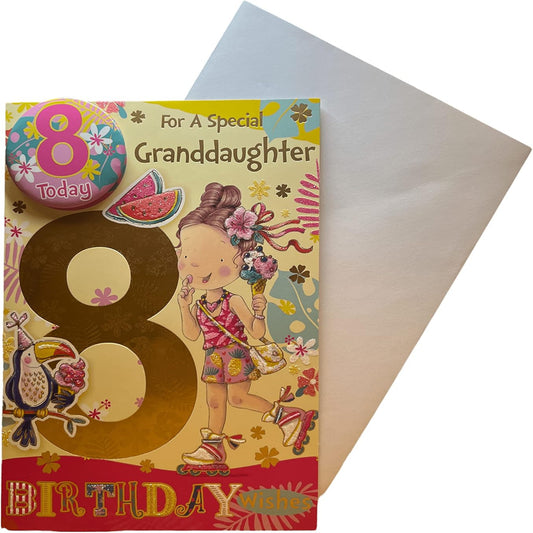 Express Yourself  8th Birthday Card for Granddaughter with Badge   -   Animated Design with Roller Skates and Ice Cream Design   -    22.8  x  15.3 cm