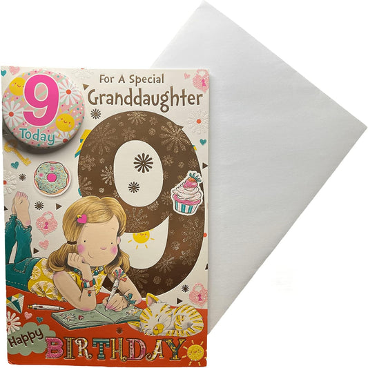 Express Yourself  9th Birthday Card for Granddaughter   –   Cute Girl Design with Badge and Envelope  -   22.8  x  15.3 cm