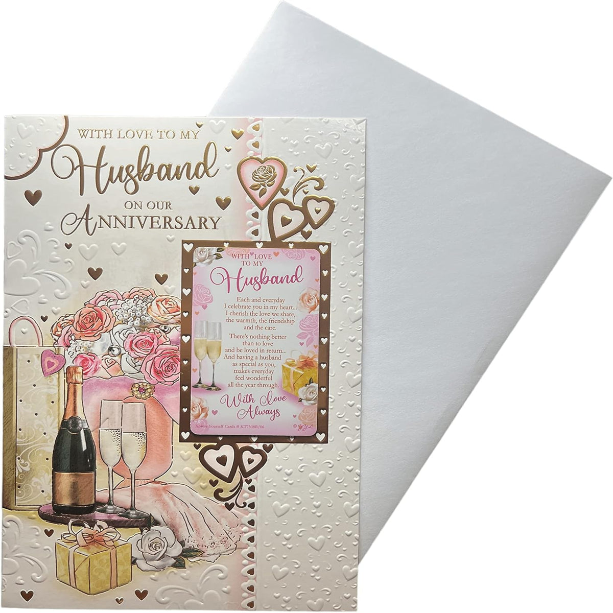 Express Yourself  Anniversary Card for Husband with Keepsake and Envelope  –  Champagne Glasses Design  -  22.8 x 15.3 cm
