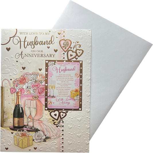 Express Yourself  Anniversary Card for Husband with Keepsake and Envelope  –  Champagne Glasses Design  -  22.8 x 15.3 cm
