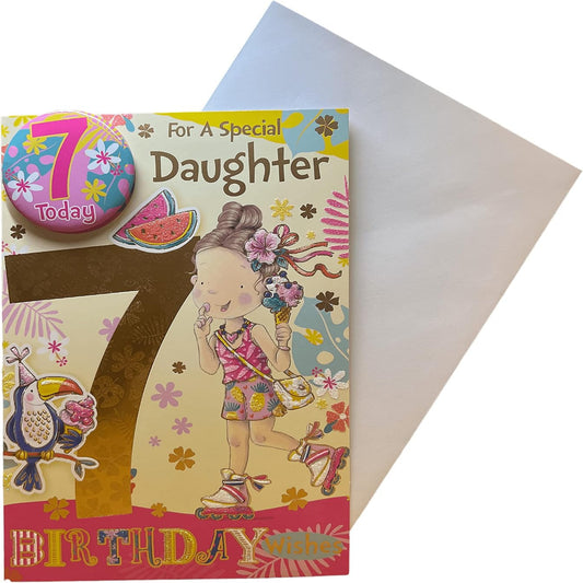 Express Yourself Daughter 7th Birthday Card with Badge & Envelope   -   Animated Design with Roller Skates and Ice Cream Design   -  22.8  x  15.3cm