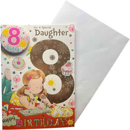Express Yourself Daughter 8th Birthday Card with Badge | Animated Little Eight Year Old Girl Coloring Next to Her Cute Pet Dog Design   -  22.8  x  15.3 cm