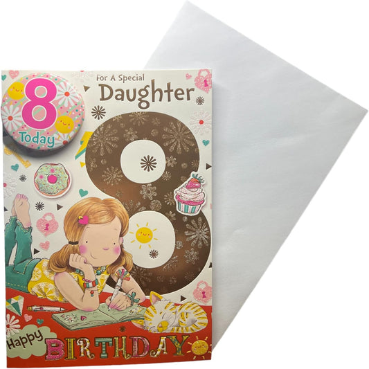 Express Yourself Daughter 8th Birthday Card with Badge | Animated Little Eight Year Old Girl Coloring Next to Her Cute Pet Dog Design   -  22.8  x  15.3 cm