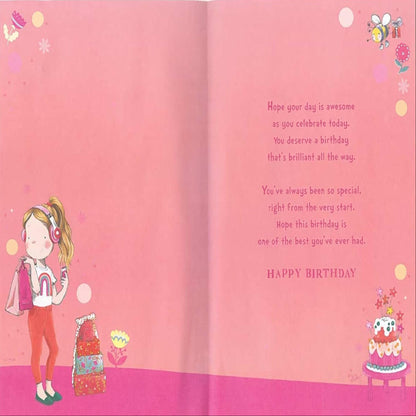 Express Yourself Granddaughter 10th Birthday Card with Badge & Envelope  -  Animated Design with Girl Listening to Music Design   -   22.8   x   15.3 cm