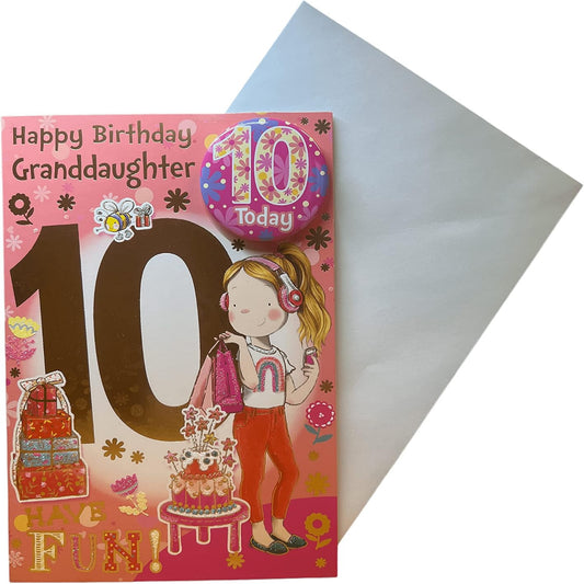 Express Yourself Granddaughter 10th Birthday Card with Badge & Envelope  -  Animated Design with Girl Listening to Music Design   -   22.8   x   15.3 cm
