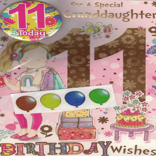 Express Yourself Granddaughter 11th Birthday Card   -   Envelope and Badge Included  -   Listening to Music    -   22.8  x  15.3 cm