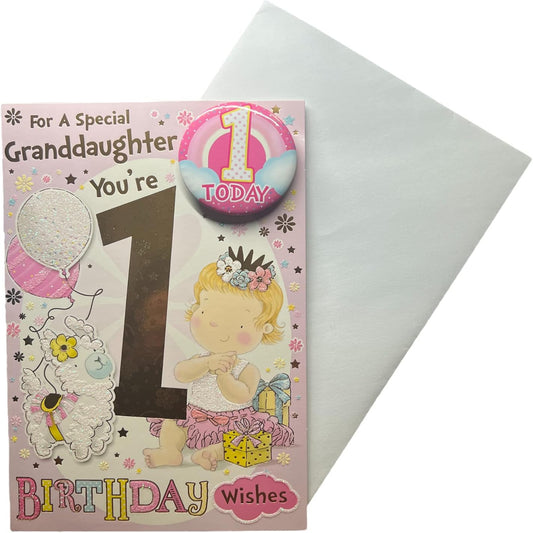 Express Yourself Granddaughter 1st Birthday Card with Badge and Envelope  -   Animated Cute Pet Sheep Design on a Pink Font  -  Dressed as a Princess    -   22.8   x  15.3 cm