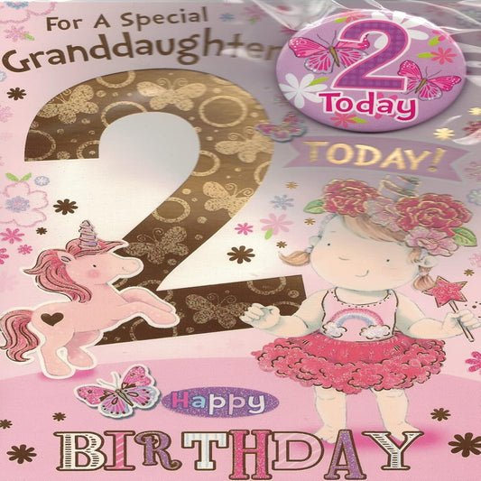 Express Yourself Granddaughter 2nd Birthday Card with Unicorn  -    Badge & Envelope   -    22.8  x  15.3cm