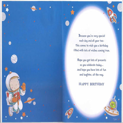 Express Yourself Grandson 4th Birthday Card with Badge   –   Astronaut Design  -  22.8   x   15.3 cm