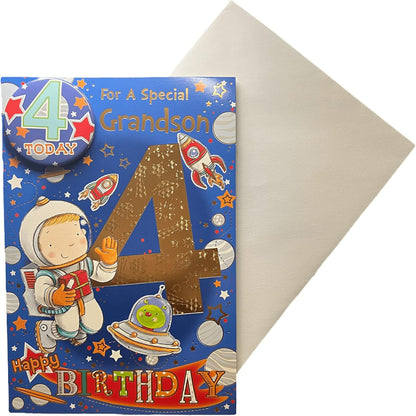 Express Yourself Grandson 4th Birthday Card with Badge   –   Astronaut Design  -  22.8   x   15.3 cm