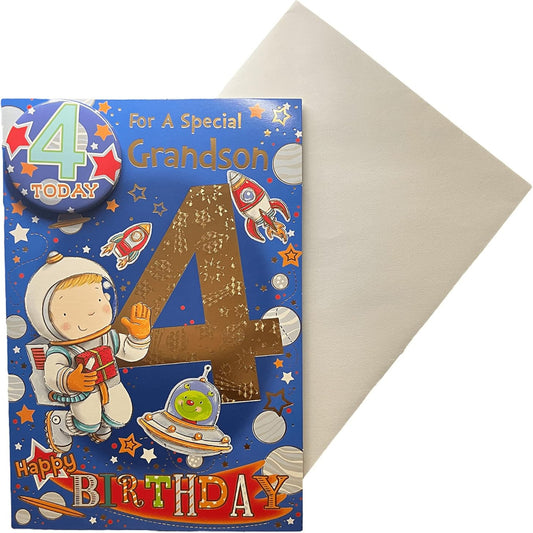 Express Yourself Grandson 4th Birthday Card with Badge   –   Astronaut Design  -  22.8   x   15.3 cm