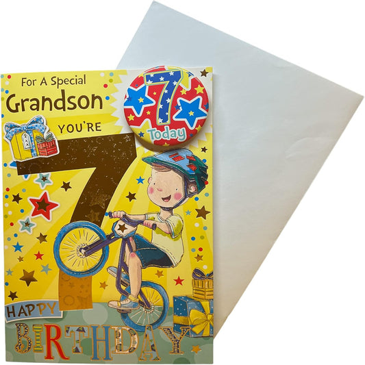 Express Yourself Grandson 7th Birthday Card with Badge & Envelope  -  Animated Little Boy Riding His Bike Design  -   22.8  x  15.3 cm