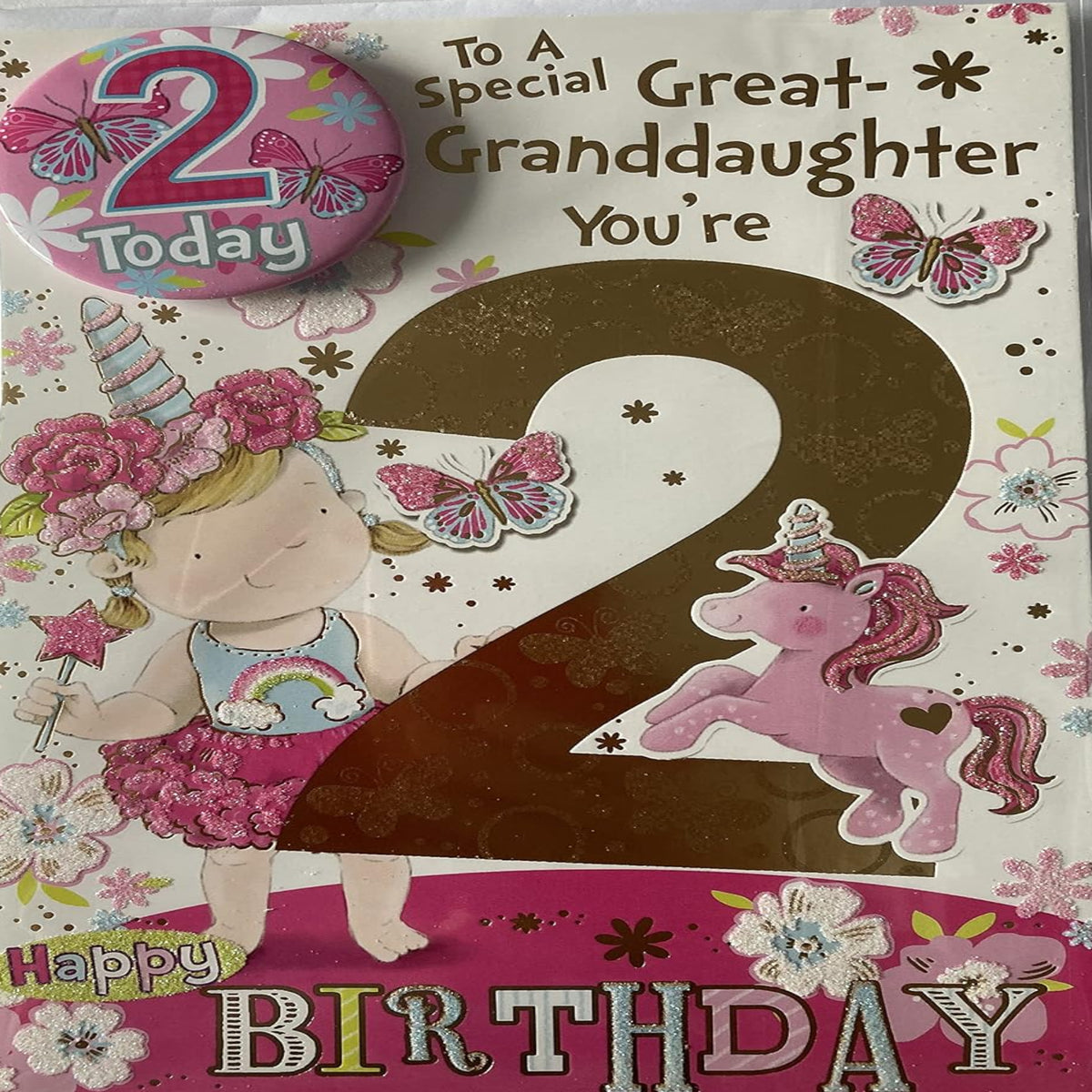 Express Yourself Great Granddaughter 2nd Birthday Card  –   Girl & Unicorn Design  -   22.8  x  15.3 cm