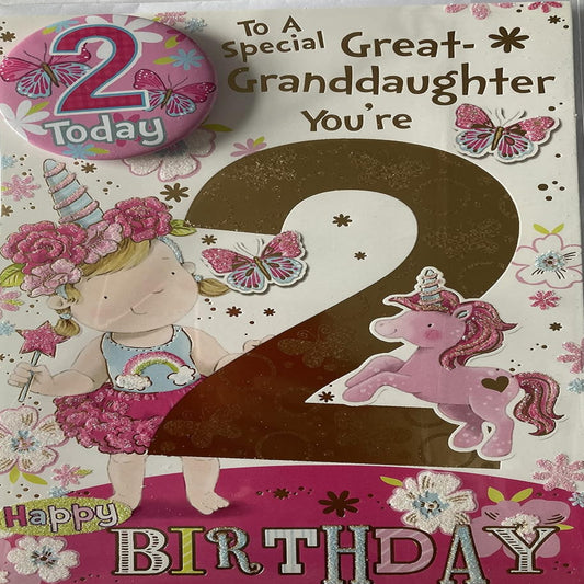 Express Yourself Great Granddaughter 2nd Birthday Card  –   Girl & Unicorn Design  -   22.8  x  15.3 cm