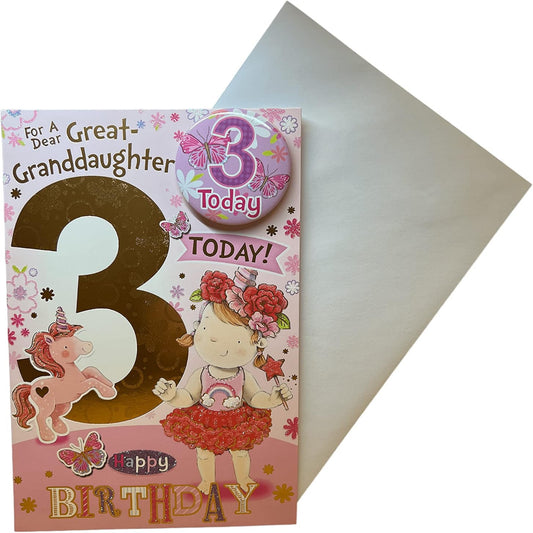 Express Yourself Great Granddaughter 3rd Birthday Card   –   Girl & Unicorn with Badge   -   22.8  x  15.3 cm