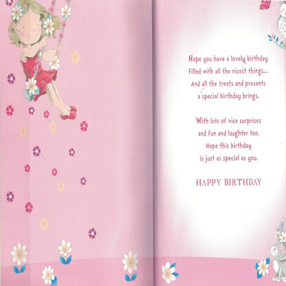 Express Yourself Great Granddaughter 4th Birthday Card with Badge & Envelope  -  Animated Little Girl Playing on a Swing Design  -   22.8  x  15.3 cm