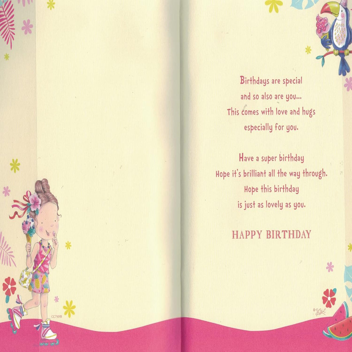 Express Yourself  Great Granddaughter 7th Birthday Card with Badge & Envelope  -  Animated Little Girl Riding Roller Skates and Eating Ice Cream Design  -  22.8 x 15.3 cm