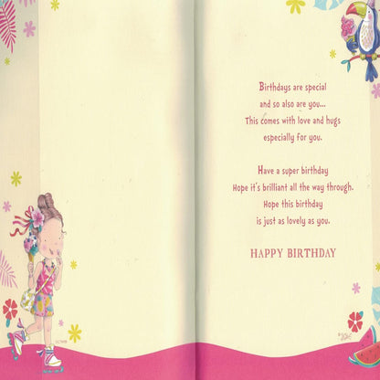 Express Yourself  Great Granddaughter 7th Birthday Card with Badge & Envelope  -  Animated Little Girl Riding Roller Skates and Eating Ice Cream Design  -  22.8 x 15.3 cm