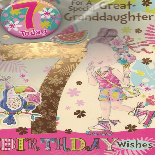 Express Yourself  Great Granddaughter 7th Birthday Card with Badge & Envelope  -  Animated Little Girl Riding Roller Skates and Eating Ice Cream Design  -  22.8 x 15.3 cm