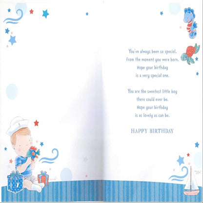 Express Yourself Great Grandson 1st Birthday Card with Badge & Envelope | Little Sailor Boy   -   Blue Font  -    22.8   x  15.3 cm