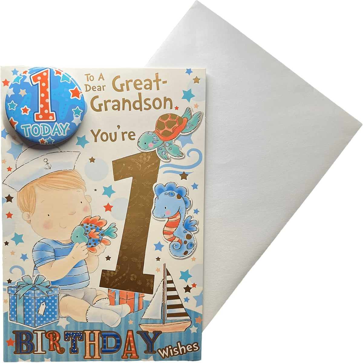 Express Yourself Great Grandson 1st Birthday Card with Badge & Envelope | Little Sailor Boy   -   Blue Font  -    22.8   x  15.3 cm