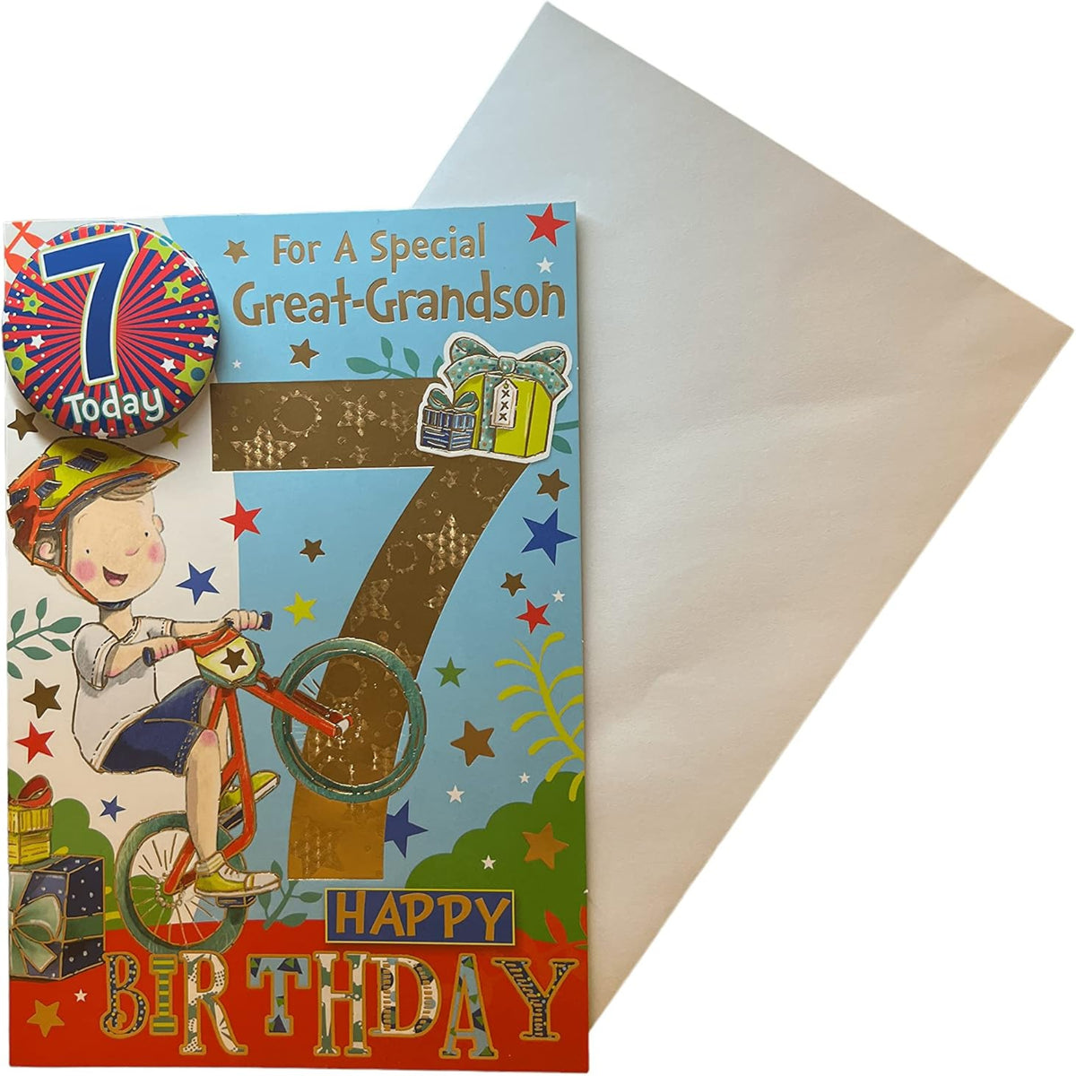 Express Yourself  Great Grandson 7th Birthday Card with Badge & Envelope  -   22.8  x  15.3 cm