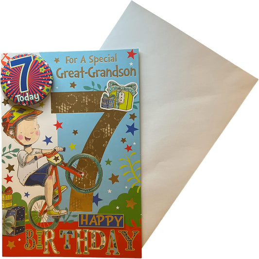 Express Yourself  Great Grandson 7th Birthday Card with Badge & Envelope  -   22.8  x  15.3 cm
