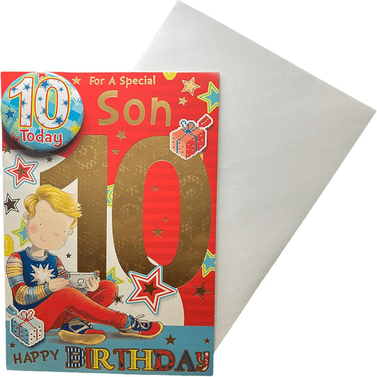 Express Yourself Son 10th Birthday Card with Badge | Animated Gamer Boy Age 10 Card   -  22.8  x  15.3 cm
