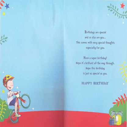 Express Yourself Special Great Grandson Birthday Card with Badge & Envelope   -   Animated Design of a Little Boy Riding His Bicycle   -   22.8 x 15.3 cm