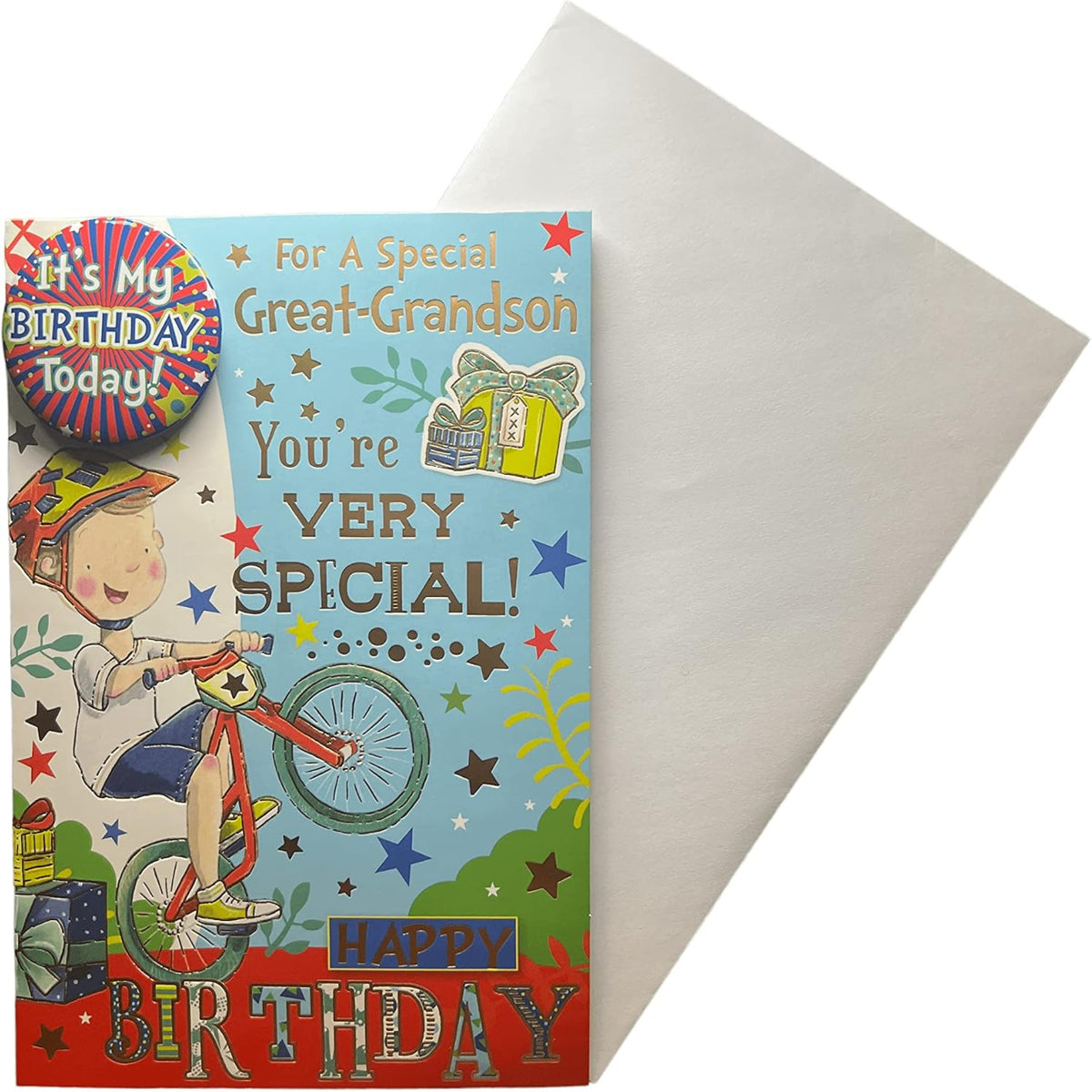 Express Yourself Special Great Grandson Birthday Card with Badge & Envelope   -   Animated Design of a Little Boy Riding His Bicycle   -   22.8 x 15.3 cm