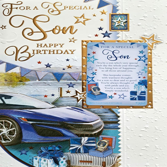 Express Yourself Special Son Birthday Card with Keepsake | Blue Sports Car Design