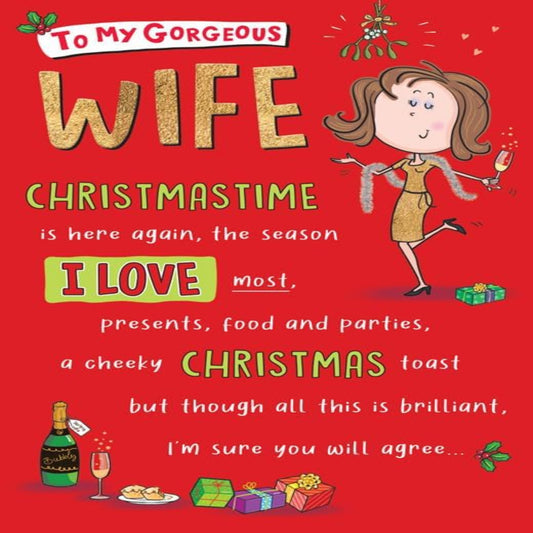 Funny Wife Christmas Card   –   Humorous Lady in Gold Design   -  Regal Publishing   -    9  x  6 inches