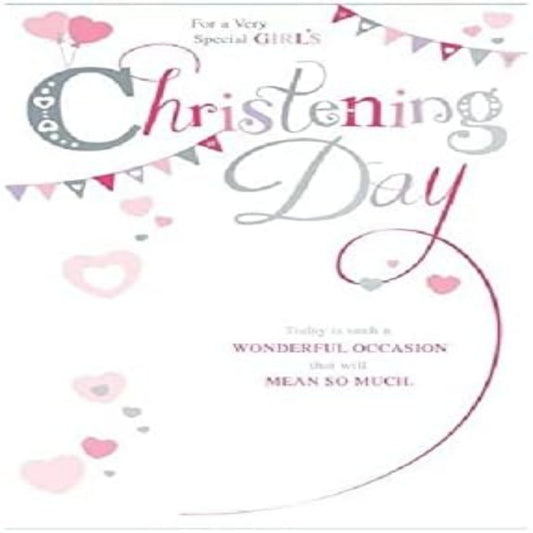 Girl’s Christening Card   –   Balloons & Hearts Design   -  19.5  x  13.7cm