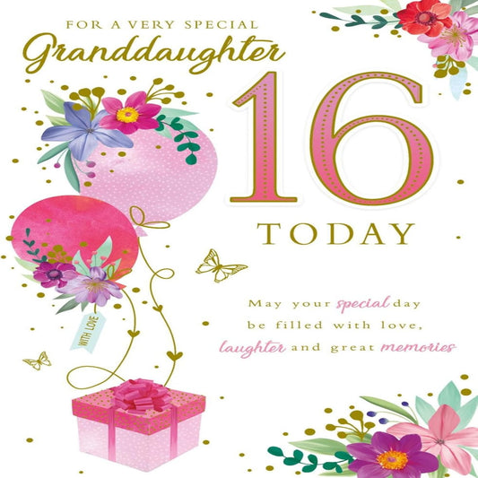 Granddaughter 16th Birthday Card | Sweet 16 Floral Greeting Card  -  155 x 230 mm