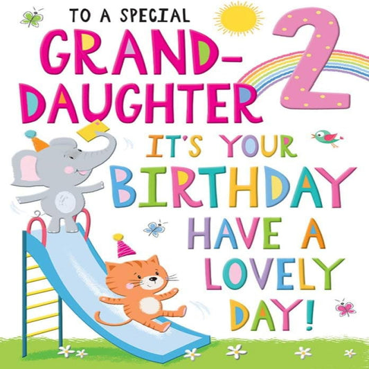 Regal Publishing Juvenile Granddaughter 2nd Birthday Card    –   Colourful Age 2 Greeting Card   -  pink|yellow|blue|peach|red    -    9   x   6 inches