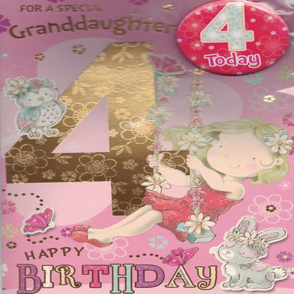 Granddaughter 4th Birthday Card with Badge  -   9 x 6 inches